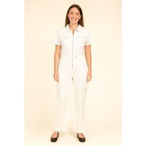 NWT BOOHOO Jumpsuit Women's Size 10 White Zip Up Cargo Denim Utility Wide Leg
